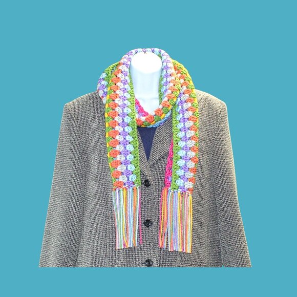 Bold Colorful Hand Crocheted Scarf with Fringe | Winter Accessory for Cozy Style - Picture 3 of 7